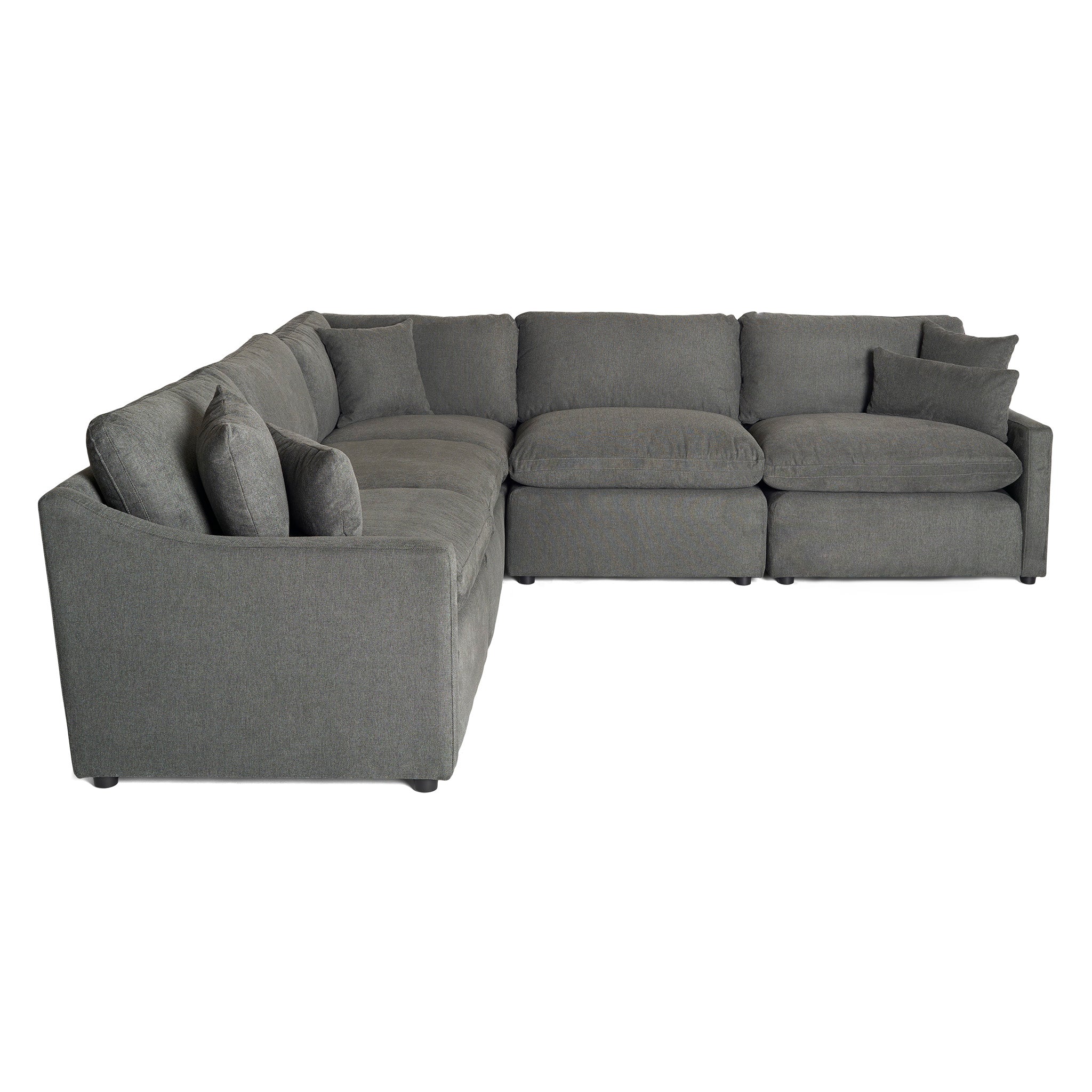 Discover the My Cloud Slope 5 Piece L: a large gray L-shaped sectional with cushioned seats, subtle curved armrests, and textured upholstery. It offers style and ultimate comfort in your living space, sitting on short, dark wooden legs.