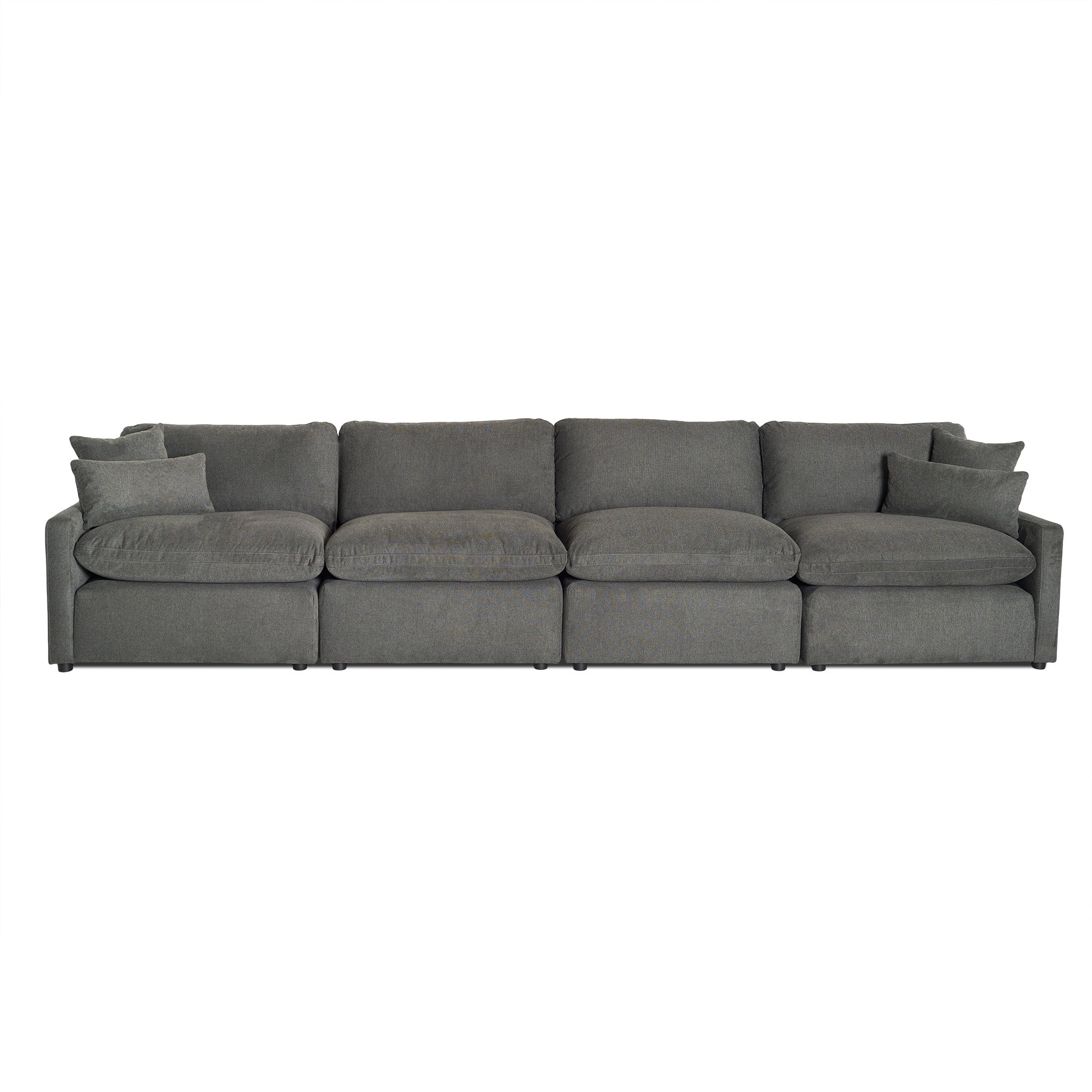 The My Cloud Slope 4 Piece Straight modular sectional sofa, in dark gray with a minimalist design, features five seating sections and matching cushions. It offers comfort against a plain white background.
