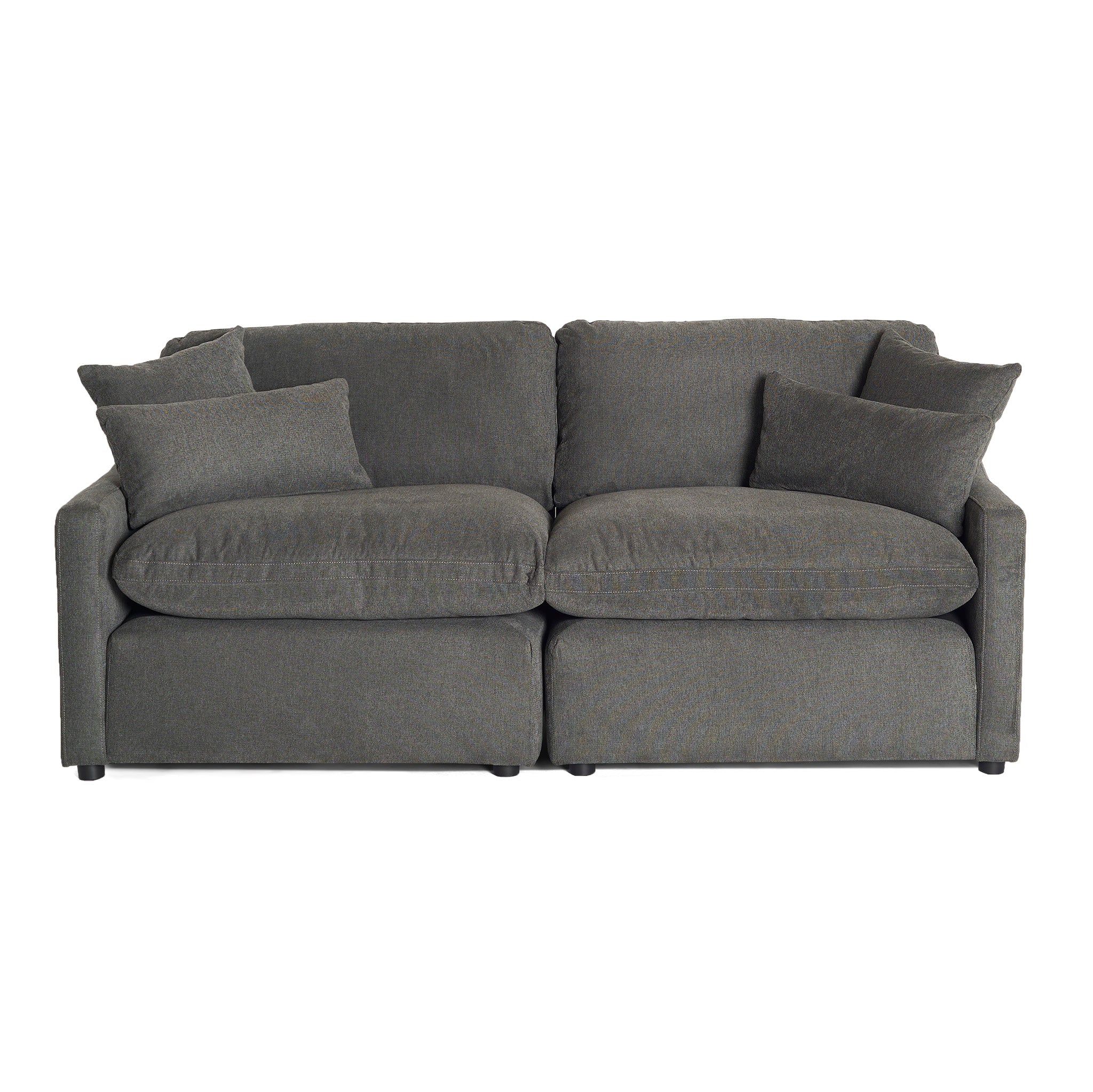 The My Cloud Slope 2 Piece loveseat in dark gray offers plush comfort like the Worlds Greatest & Most Comfortable Sofa, featuring wide armrests, two large seat cushions, two back cushions, and four stylish throw pillows for an elegant seating arrangement.