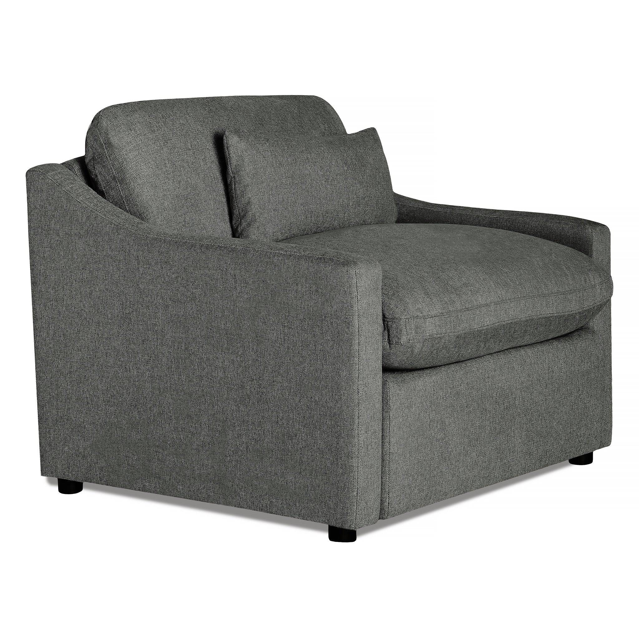 The My Cloud Slope Power Recliner is a large, modern armchair in dark gray with plush cushioning. It features power recline capability, square arms, a minimalist design, and sits on small black feet.