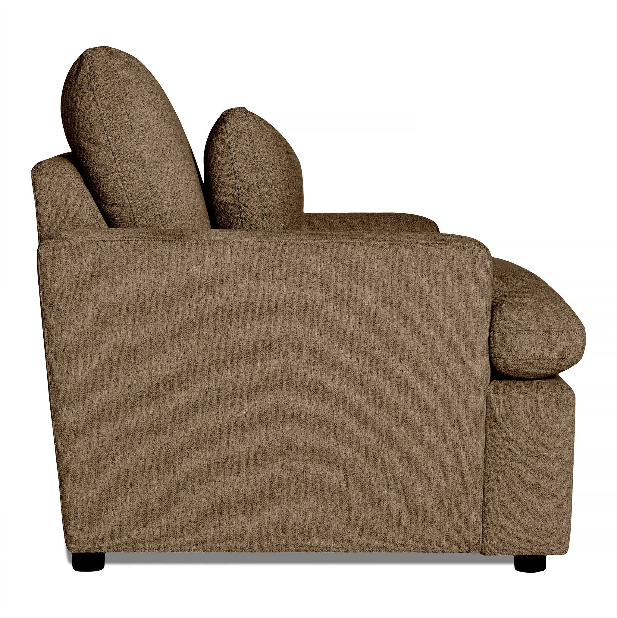 Side view of the My Cloud Chair, a brown upholstered piece with plush cushions. Its simple, modern design adds charm to any space. Set against a white background, this comfortable furniture exudes effortless style.