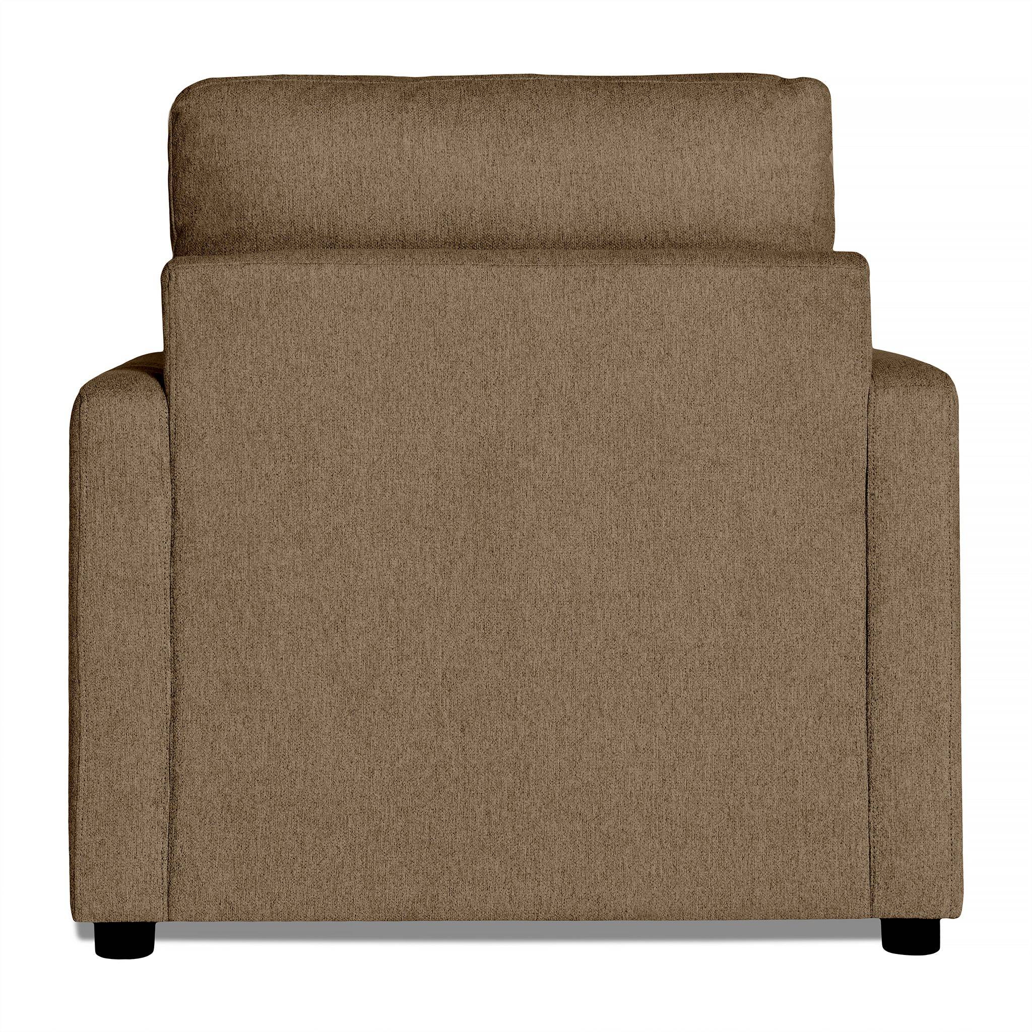 Introducing the My Cloud Chair: a modern, brown upholstered armchair seen from behind. It features a textured fabric and tall backrest for customizable comfort, maintaining a sleek look with hidden legs.