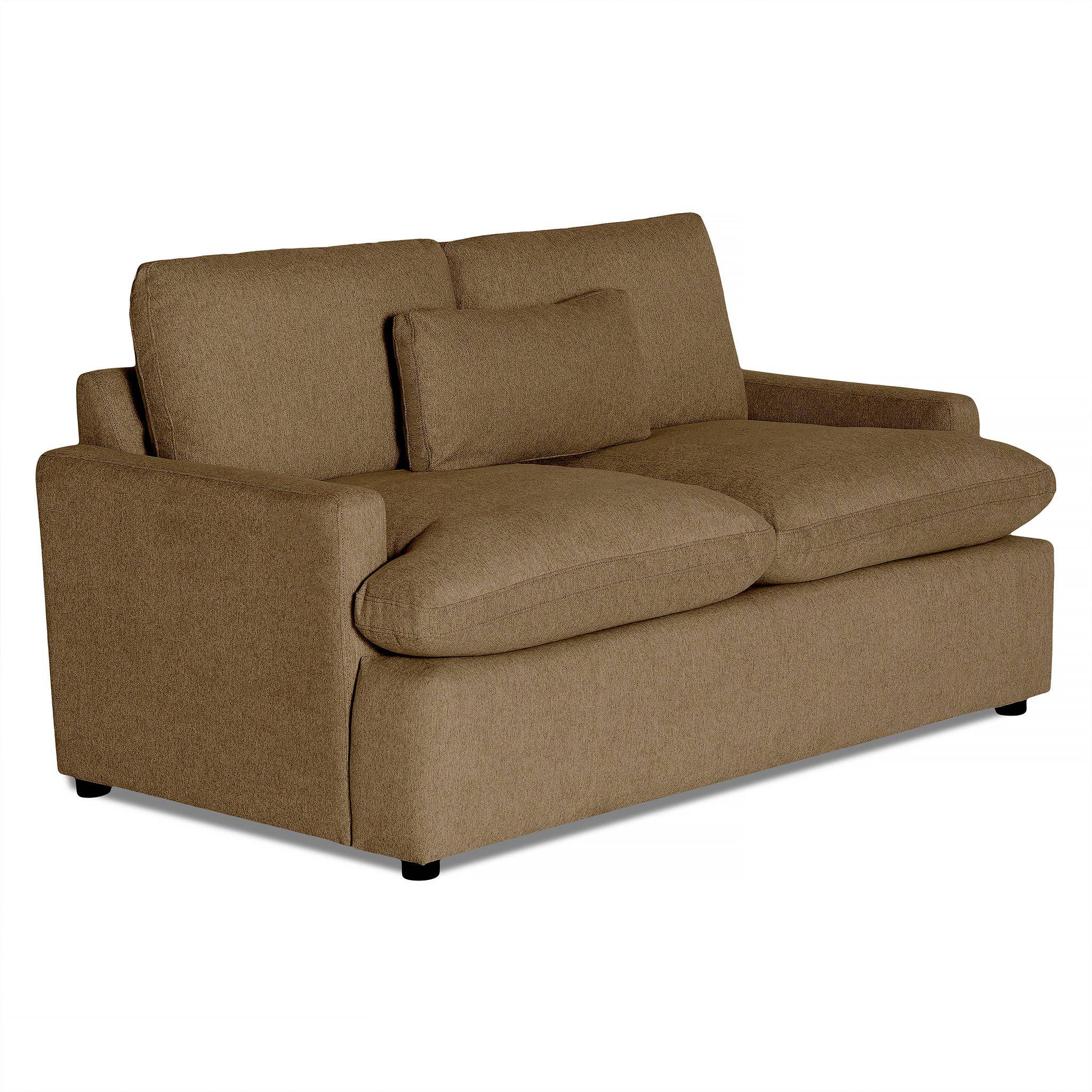 Meet the My Cloud Loveseat: a brown upholstered piece with two large cushions and a small rectangular pillow. It features short black legs and is customizable to match your style, all while sitting against a white backdrop.