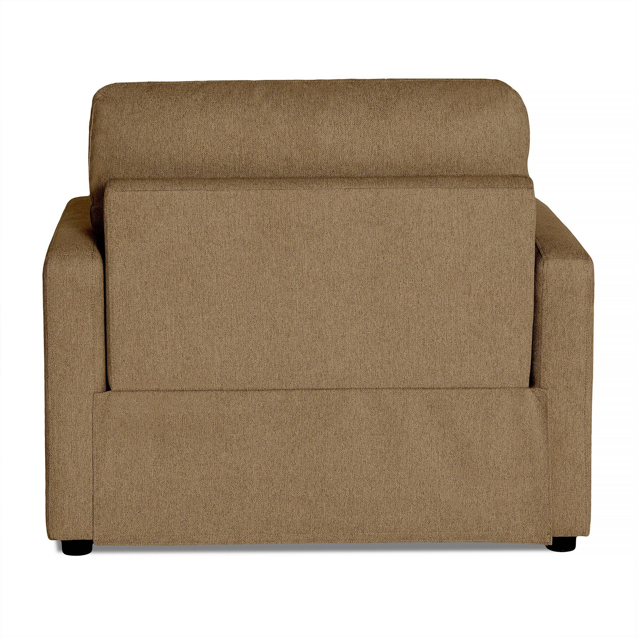 The My Cloud Power Recliner, viewed from the back, is a brown fabric armchair with a boxy design. It has a straight backrest, armrests, and rests on four small black feet. The chairs texture looks soft and cushioned for comfortable seating.