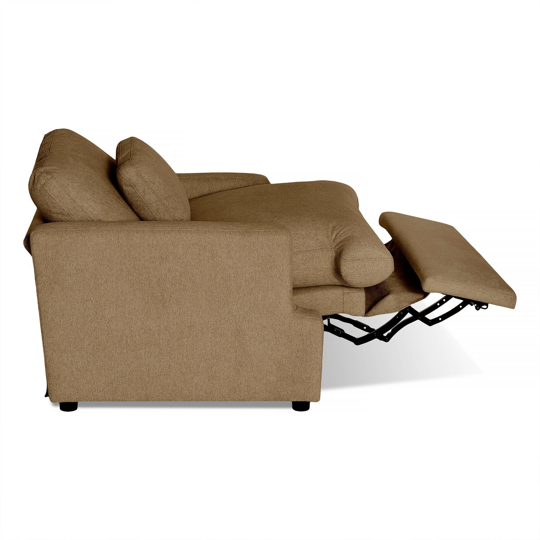 The side view of the My Cloud Power Recliner displays a textured brown fabric, cushioned armrests and backrest. One seat is extended, revealing its metal mechanism and footrest platform for ultimate relaxation.