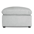 Discover the My Cloud 30 Ottoman, featuring light gray upholstery, a rectangular base, and cushioned top. It rests on four small round black legs, offering style and comfort for any space with customizable options.