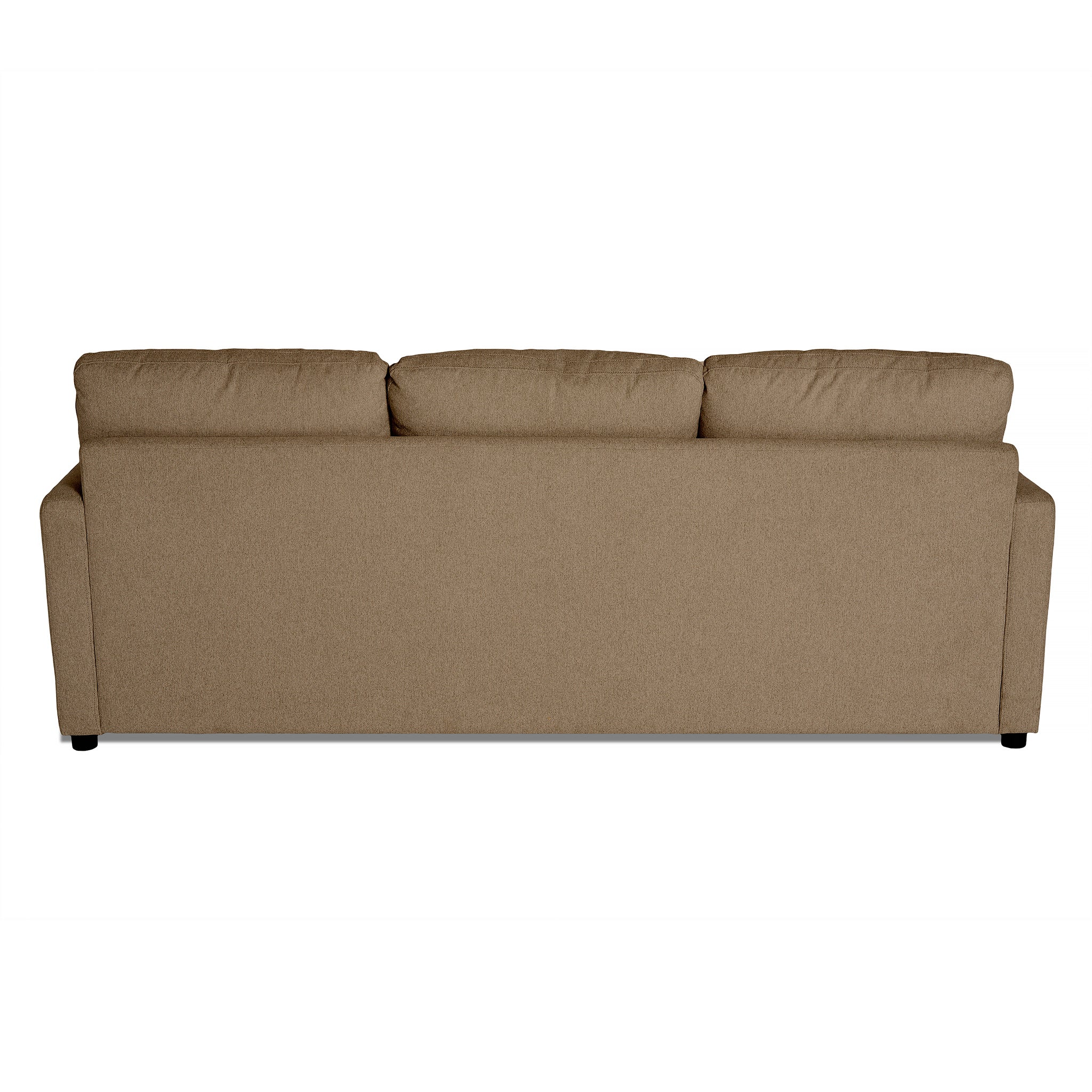 The image displays the back view of a My Cloud Sofa, a comfortable three-seater with a simple design. The brown sofa has smooth fabric, slightly rounded armrests, and plush, perfectly aligned back cushions.