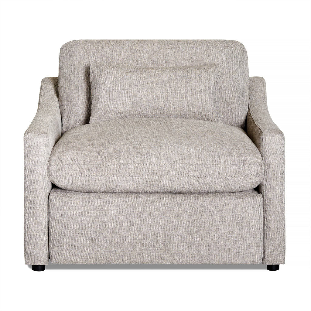 The My Cloud Slope Power Recliner is a plush, light gray armchair with clean lines, low armrests, a thick cushion, and a matching rectangular pillow. Its soft, textured fabric and modern design offer customizable options to suit your style preferences.