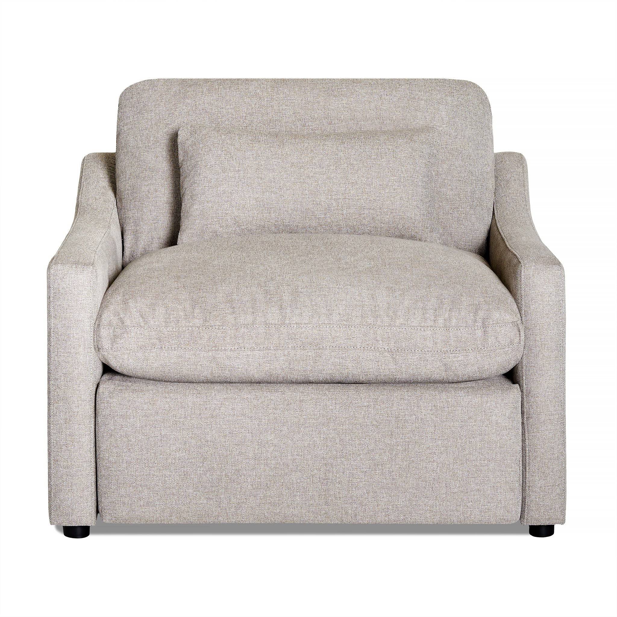 The My Cloud Slope Power Recliner is a plush, light gray armchair with clean lines, low armrests, a thick cushion, and a matching rectangular pillow. Its soft, textured fabric and modern design offer customizable options to suit your style preferences.