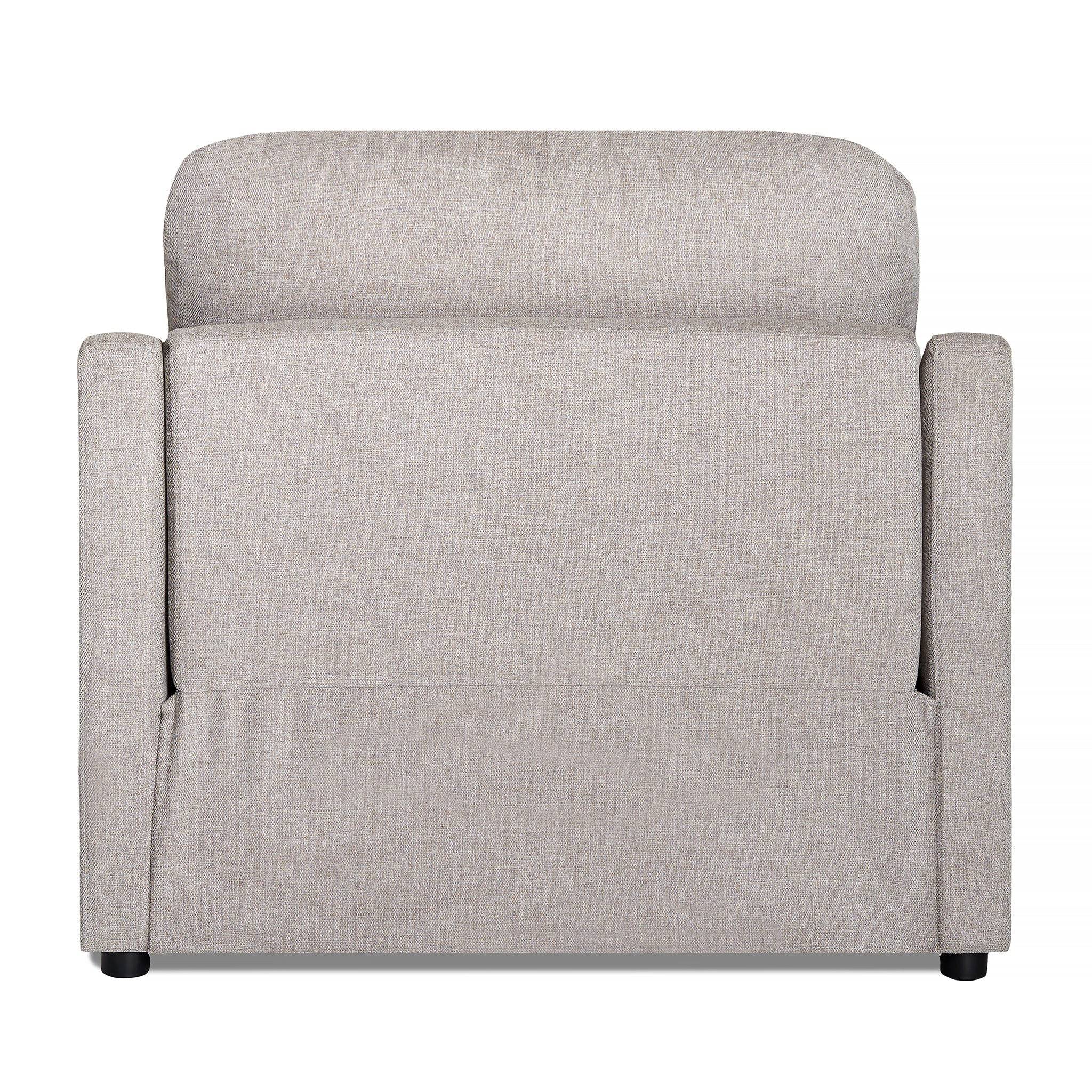 The image features a light gray upholstered My Cloud Slope Power Recliner with a smooth fabric finish and cushioned backrest. Simple straight armrests enhance the sleek design, while small dark legs add understated elegance at the bottom.
