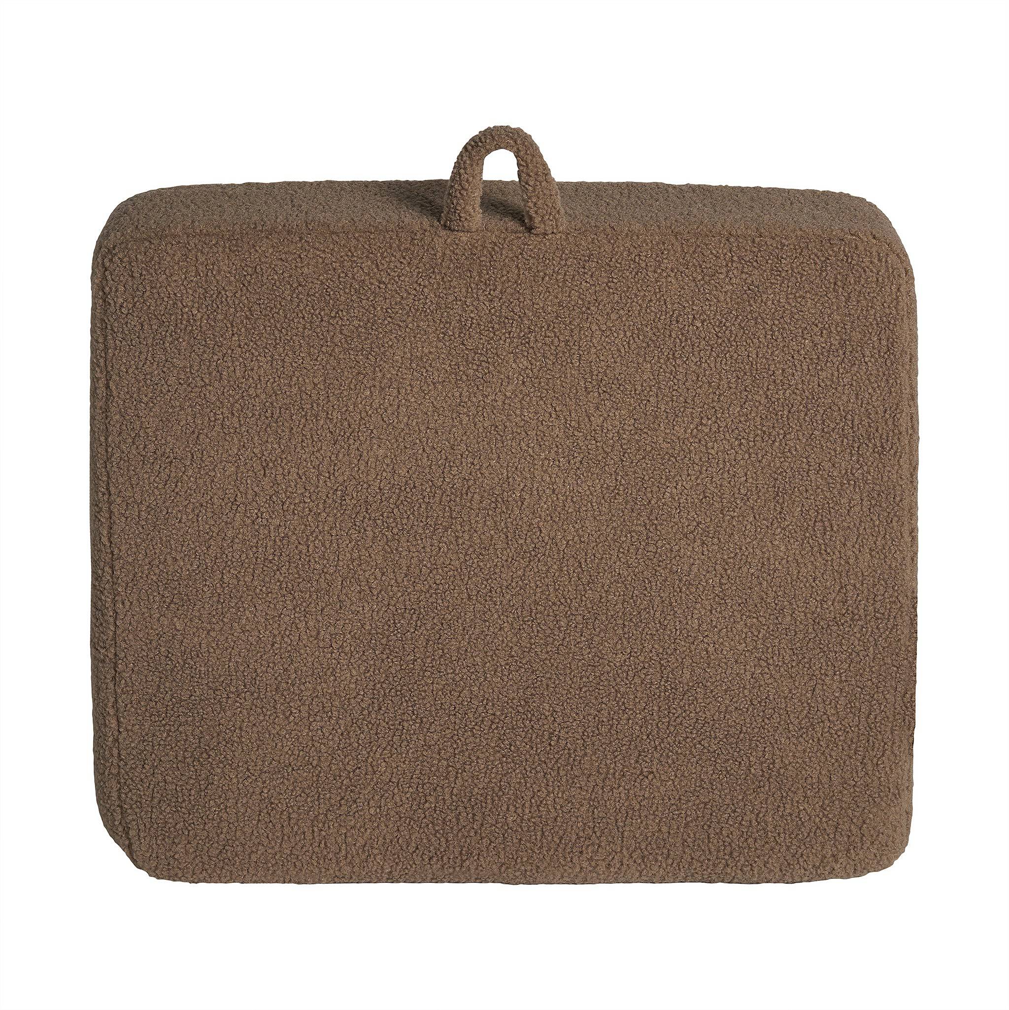 The My Cloud Kidz Chair features a rectangular brown Sherpa fabric cushion with a soft, textured surface and a small loop handle at the top center.