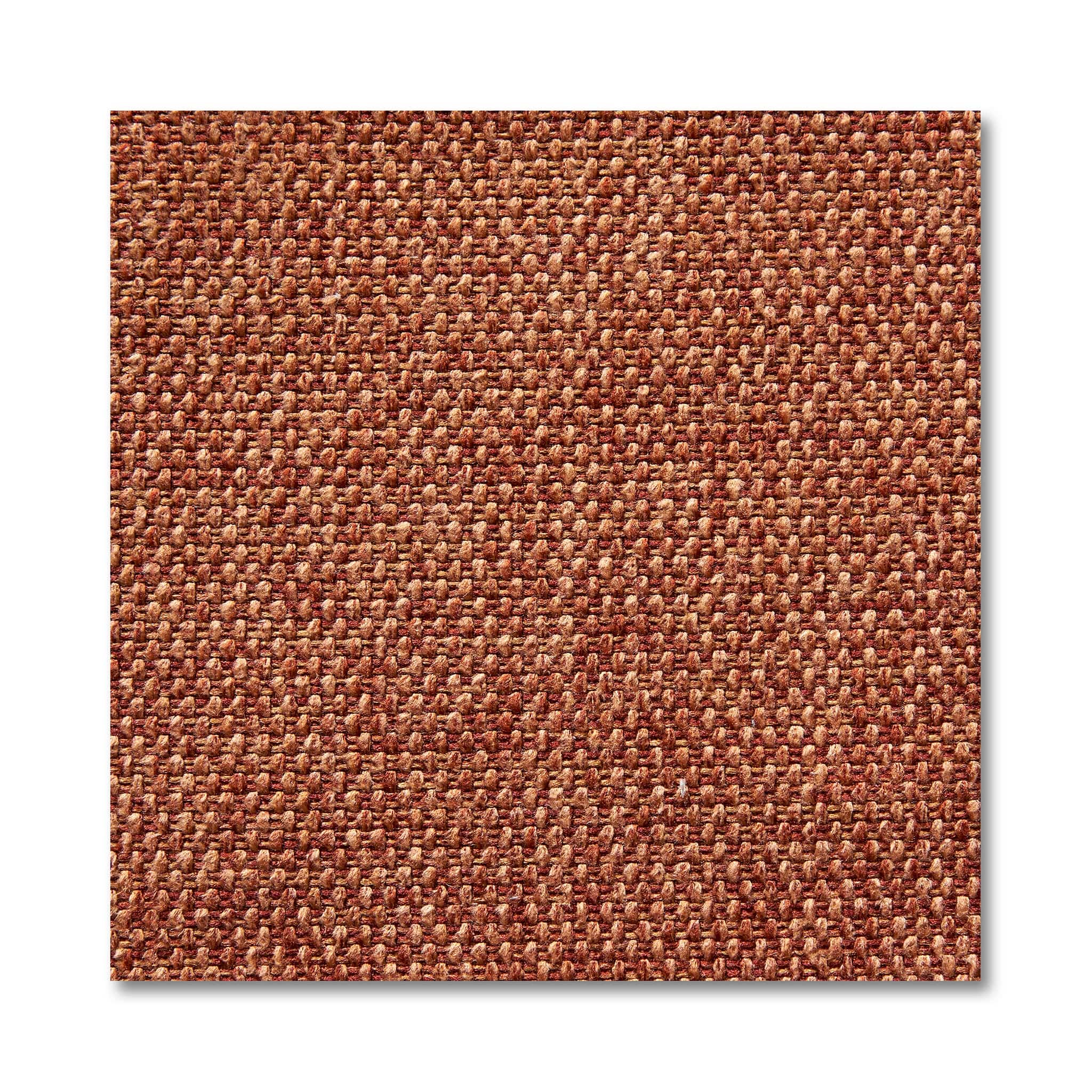 A textured fabric swatch in rust-orange evokes mid-century modern vibes, with its woven pattern and visible fibers adding a detailed appearance. Ideal for enhancing the Maddox Chair, its plush cushions promise comfort against the plain white backdrop.
