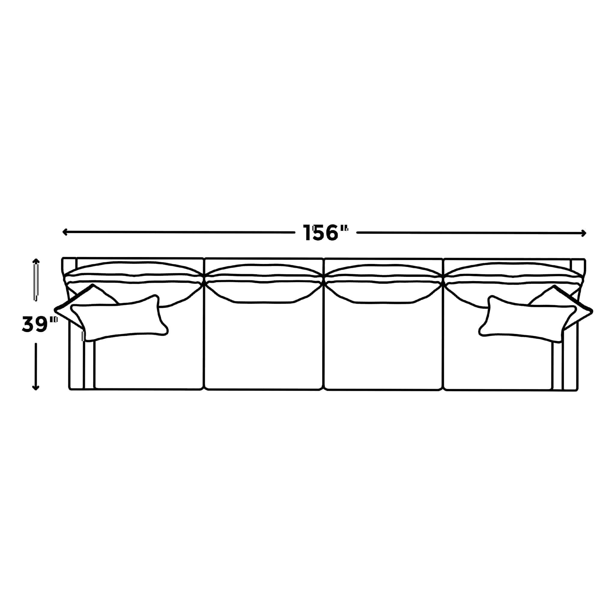 Diagram of the My Cloud / Slope Arm sectional three-seater sofa, featuring two pillows. Width: 156 inches, Height: 39 inches. Ideal for any living space, it has machine-washable covers for easy maintenance.