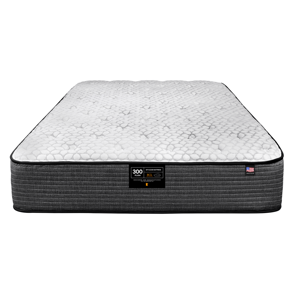 The My Cloud Mattress / 300 Plush showcases a textured white top with dark gray sides against a pristine backdrop. Its label, featuring text and logos, suggests the promise of affordable luxury and superior comfort for discerning sleepers.
