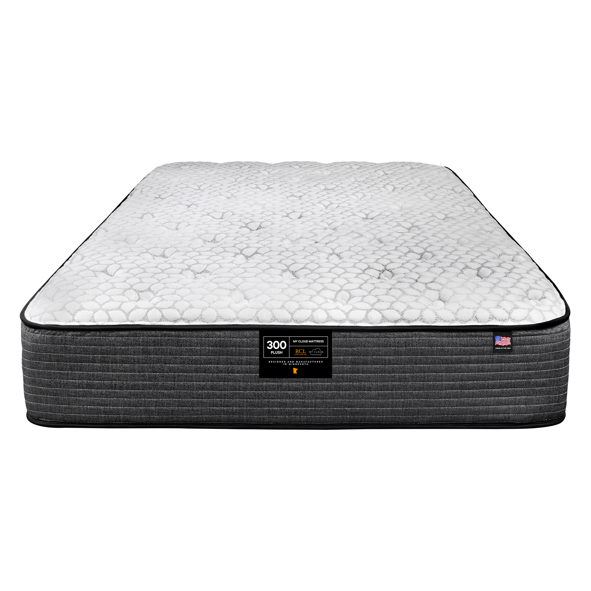 The My Cloud Mattress / 300 Plush showcases a textured white top with dark gray sides against a pristine backdrop. Its label, featuring text and logos, suggests the promise of affordable luxury and superior comfort for discerning sleepers.