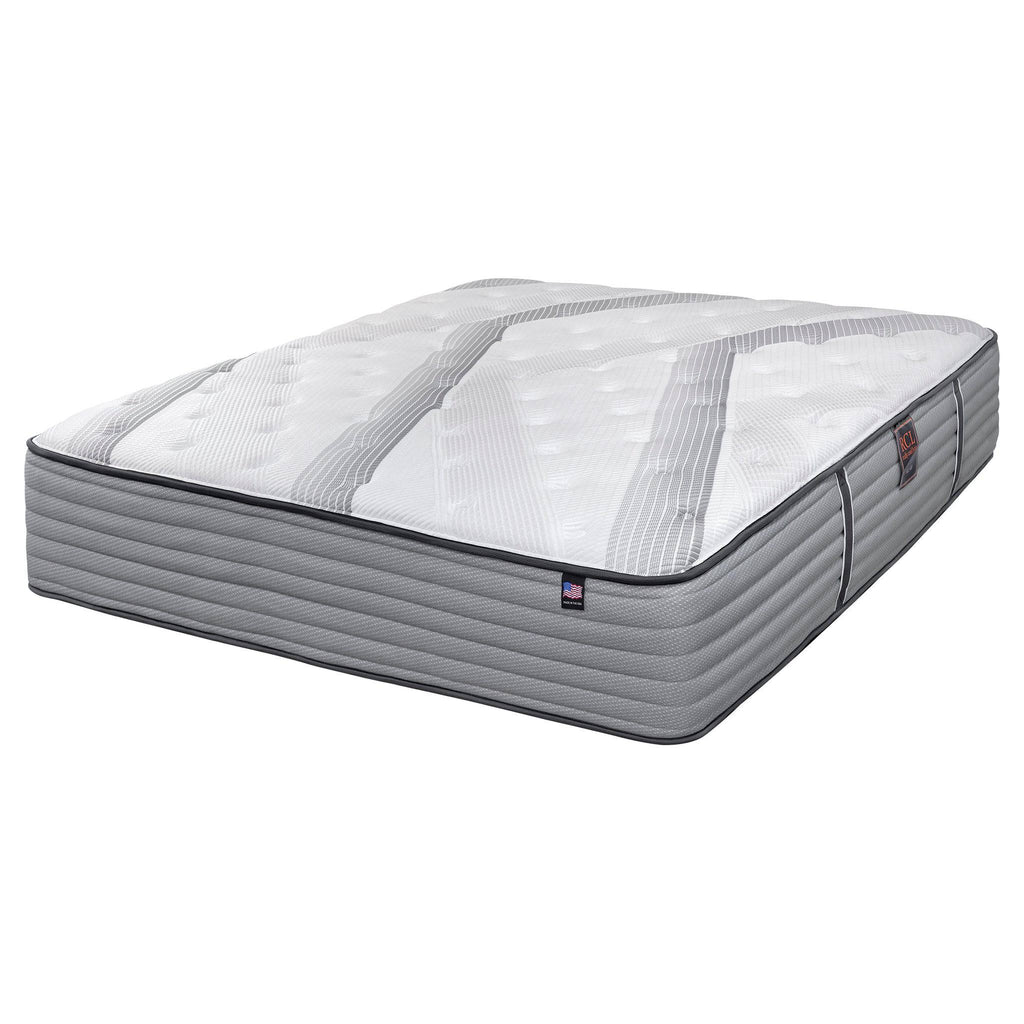 Introducing the My Cloud Mattress / 400 Luxe: a white and gray marvel with a quilted top, horizontal side panels, and plush tufted accents. Enjoy superior comfort with geometric patterns and intricate stitching for affordable luxury.