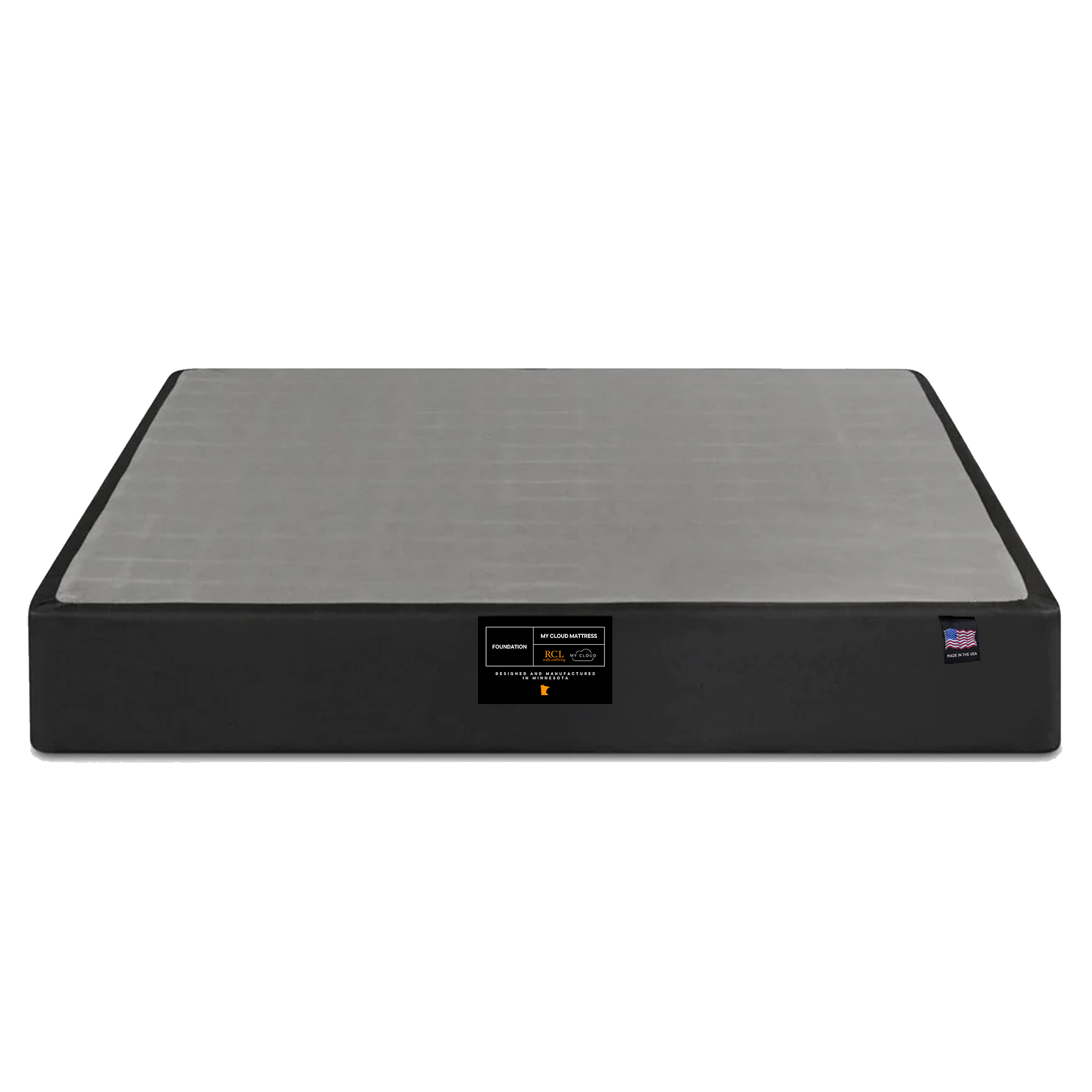 The My Cloud Mattress Foundation is a sleek black and gray rectangular base. It features a front label with text and logos, claiming its status as the greatest mattress base, all against a plain white background.