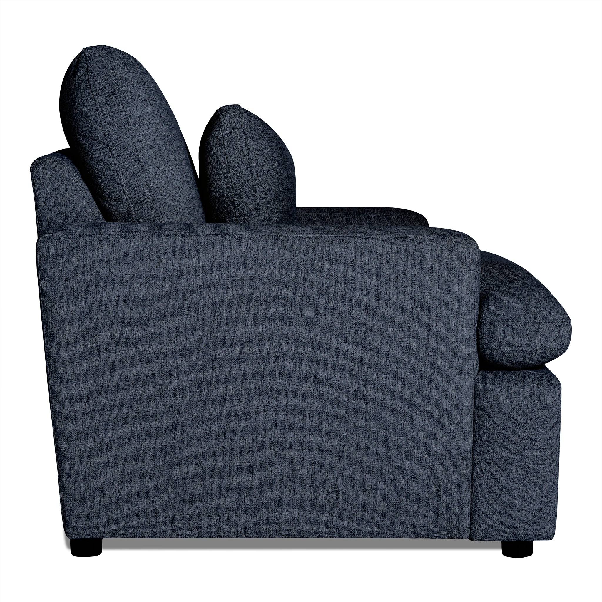 Side view of a dark blue My Cloud Chair against a white backdrop. This cushioned seating features two large back cushions and one left armrest, supported by small black legs. A blend of style and adaptability makes this customizable furniture perfect for any space.