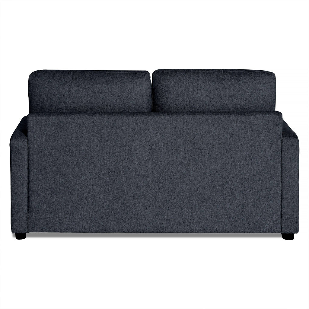 The My Cloud Loveseat boasts dark gray upholstery, two back cushions, and simple armrests. Its clean and modern design rests gracefully on small black legs, set against a white background.