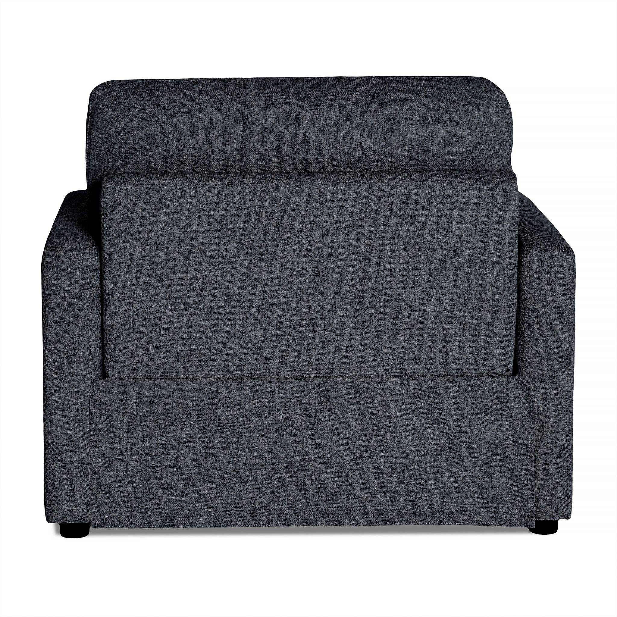 A dark gray upholstered armchair, echoing the My Cloud Power Recliners minimalist, modern design, is shown from the back. Its textured fabric highlights a straight backrest and armrests, showcasing comfort and elegant style.
