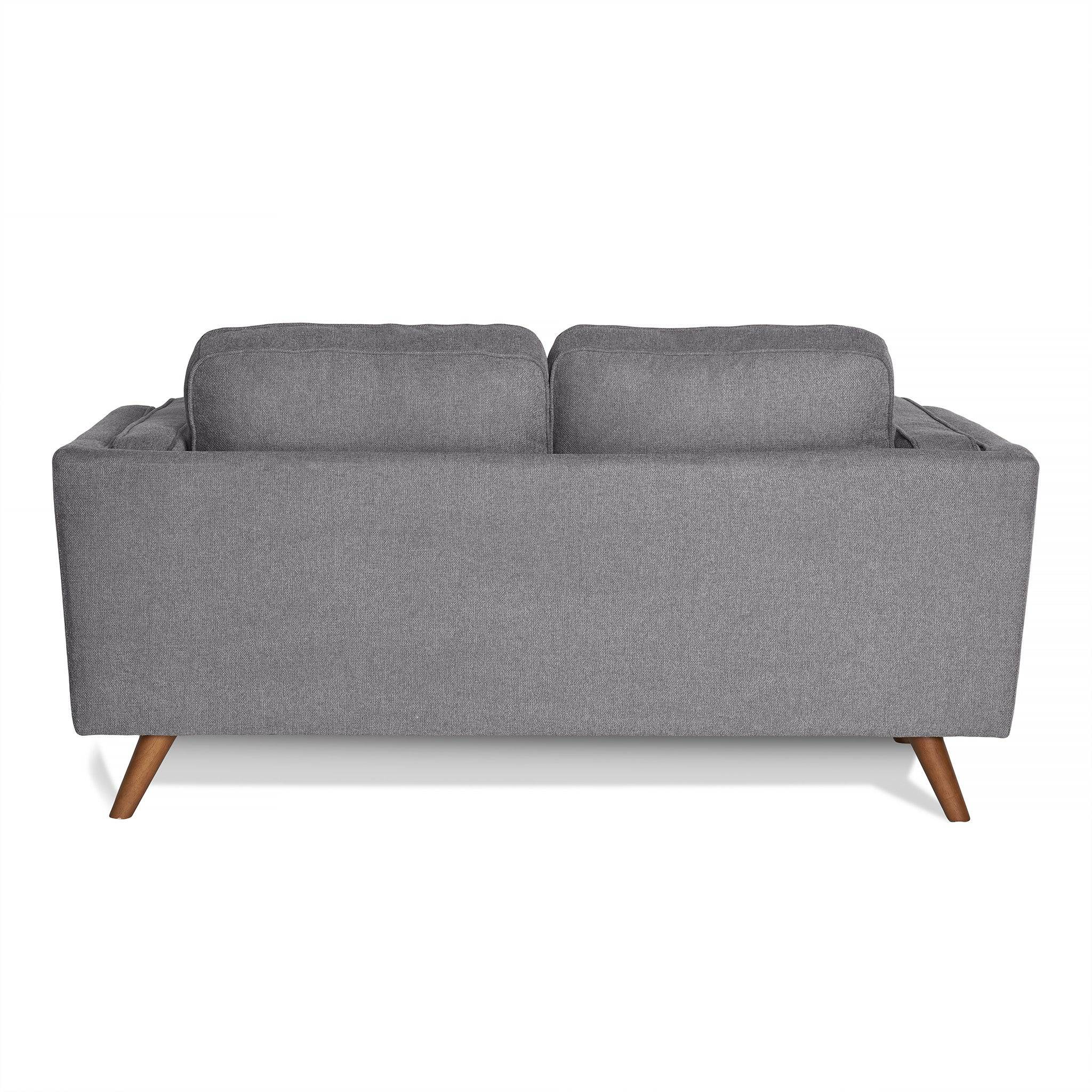 The Maddox Loveseat is a gray mid-century modern sofa with a straight back and two plush cushions. Its slightly outward-angled wooden legs enhance the soft, textured fabric, offering a stylish and comfortable seating choice.